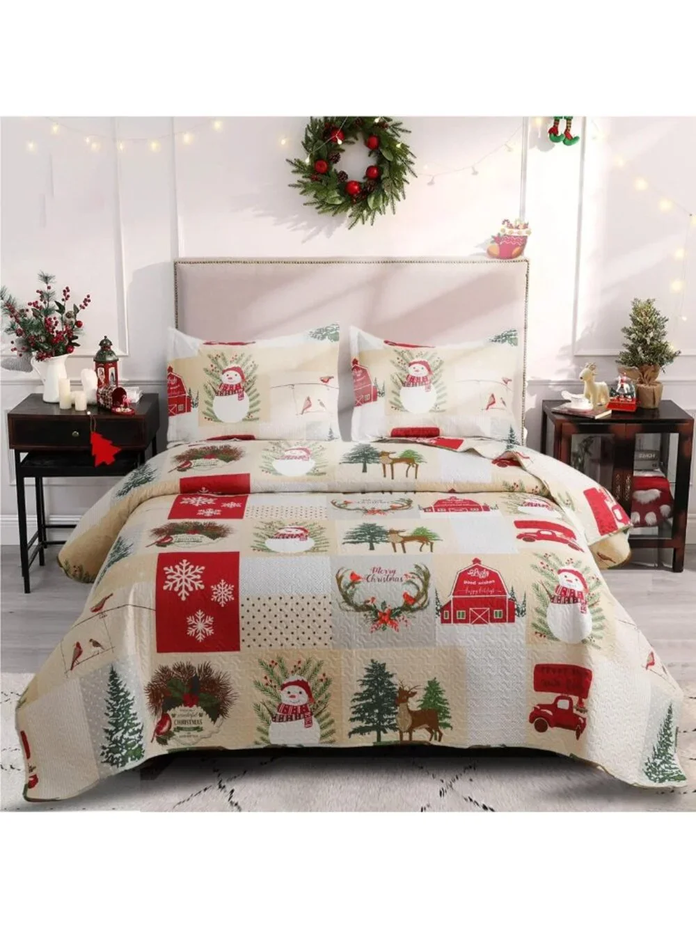 Cozy Christmas Plaid Snowman Quilt Set Queen Size - Holiday Bedding with
